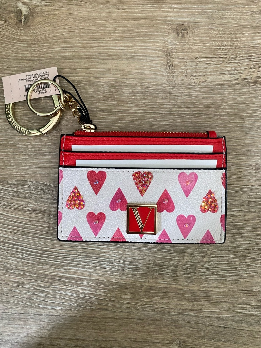 VS White Card Holder with Pink and Red Heart Print